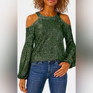 NWOT Blanches Sequin Top Long Sleeve Crew Tunic open shoulder Top